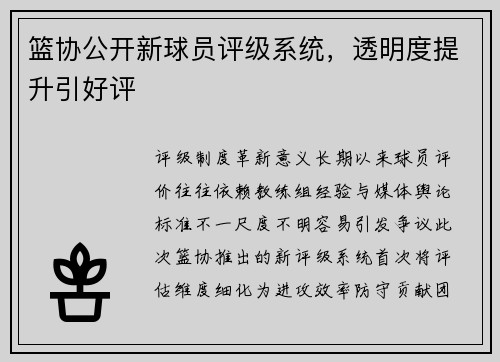篮协公开新球员评级系统，透明度提升引好评